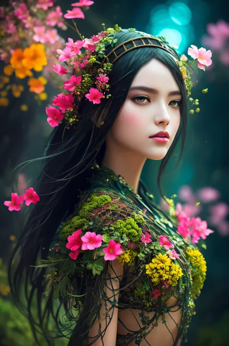 Imagine that the skin of this creature girl looks like it was made of a fishing net, with leaves and flowers growing on her body. Digital Epic Fantasy, Symmetrical Concept Art, Sinister Fantasy Illustration, Symmetrical Epic Fantasy Art, Epic Fantasy Scien...