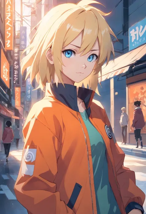 Naruto, blonde hair, blue eyes, orang jacket