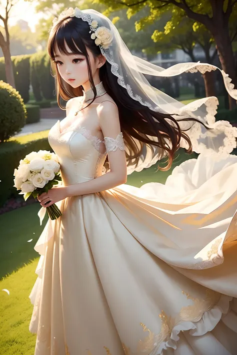 1girll、Clear fingers、Wearing a golden wedding dress、Raised sexy、Glamorous、Flowers in hand、The wedding dress pattern is clear、Beautiful girl，The background is on the beautiful wedding lawn