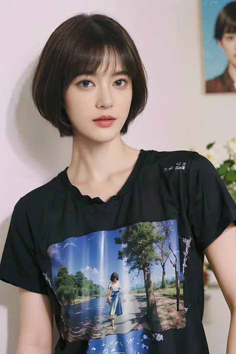 22
(Shorthair:1.3), (a 20 yo woman), (A hyper-realistic), (Masterpiece), (8KUHD), Focus on the face, (The walls of the room are fractal art:1.23), 
Graphic T-shirt with anime characters printed