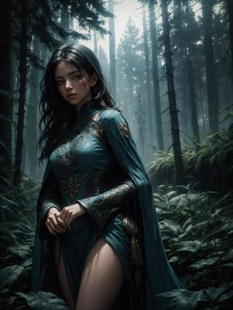 Full body, epic realistic, (dark shot:1.4), 80mm, Create a portrait of a woman with long dark hair. She has a mysterious expression, gazing at the viewer with a slight tilt of her head. She is elegantly dressed, The background features a forest of blue, im...