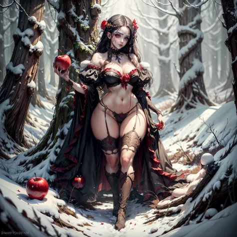 "(((masterpiece))), person as Snow White, wide hips, holding a red poison apple, forest, eerie atmosphere, dark shadows, dramatic lighting"