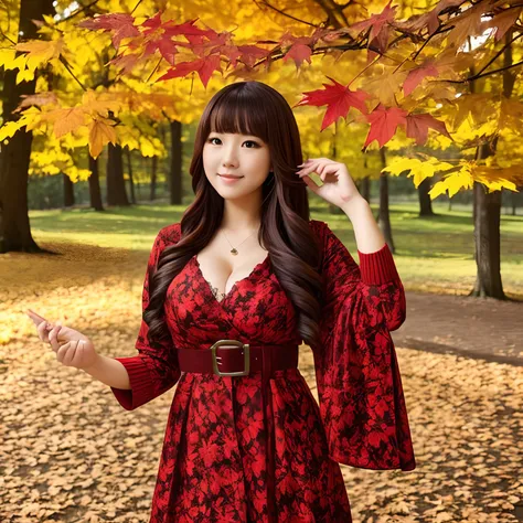 a tree with autumn leaves holding maple leaves with bright red leaves in their hands々young woman in autumn clothes looking at, g...