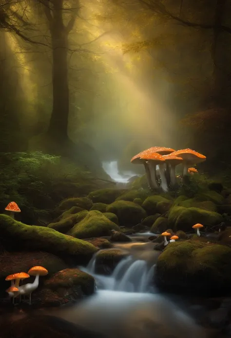 Enchanted forest，Magical creatures，Glowing mushrooms，Sparkling waterfalls，Fantasy，Leonora Carrington，The Dreamy Forest，Misty perspective，sunlight through trees