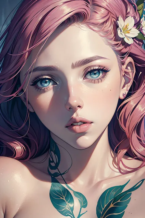 Scarlett Johansson in A botanical masterpiece in the style of Marco Mazzoni, detailed, hyper-realistic, front view, elemets of symbolism and surrealism, a painting by mse a attractive seductive Scarlett Johansson by agnes cecile, luminous design, pastel co...