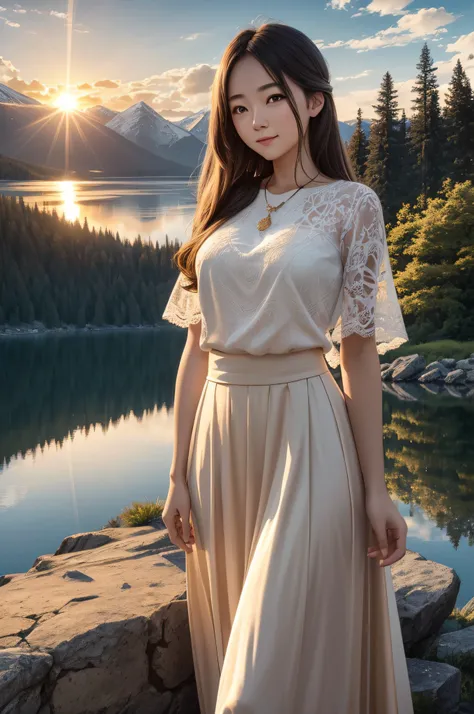 1 girl, happy expression, charming eyes, straight long hair, flowing skirt, big, looking at the sun, calm posture, porcelain-like skin, subtle blush, crystal pendant BREAK Golden Hour, (edge lighting): 1.2, cool colors, sun flare, soft shadows, bright colo...