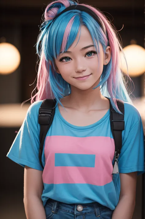 a close up of a kfukvf-1990, smiling, with blue and pink hair, a character portrait, inspired by Cindy Sherman, unsplash, red and cinematic lighting, portrait of a young teenage girl, fisheye portrait, XF35mmF1.4 R, ƒ/2.8, 35.0 mm, 1/200, ISO 500