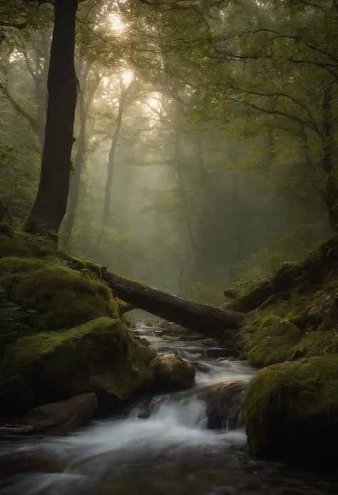 an enchanted forest，Magical creatures，glowing mushrooms，sparkling waterfalls，fantasy，Leonora Carrington，a fantasy forest，Hazy perspective，sunlight filtering through the trees，Glowing sika deer，