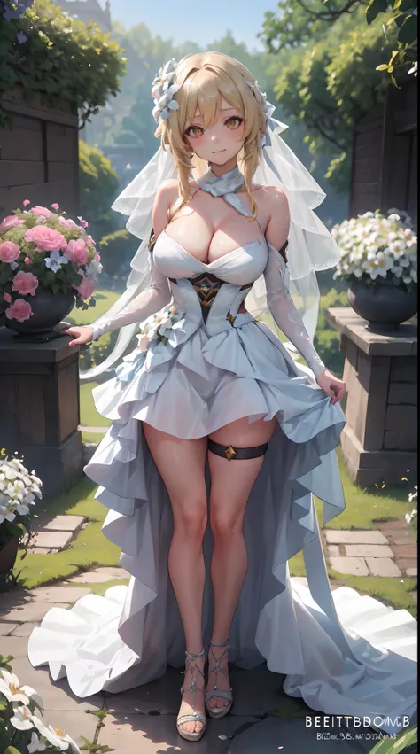 Lumine | genshin impact, master-piece, bestquality, 1girls,25 years old, proportional body, proportional., Wedding Dresses, White Wedding Dress, Long skirt, wedding, mediuml breasts, ,bara, Standing in the middle of a flower garden, outdoor, wedding, The s...