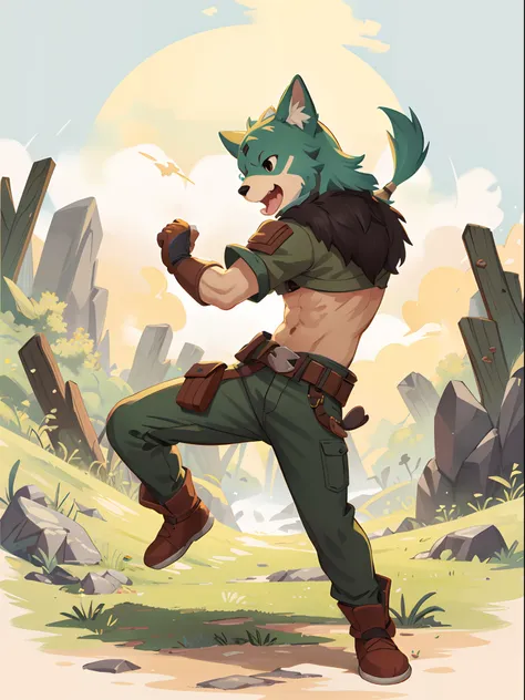 social game, unit illustration, fighting pose, fantasy, 1boy, solo, furry, kemono, detailed body fur, full body,