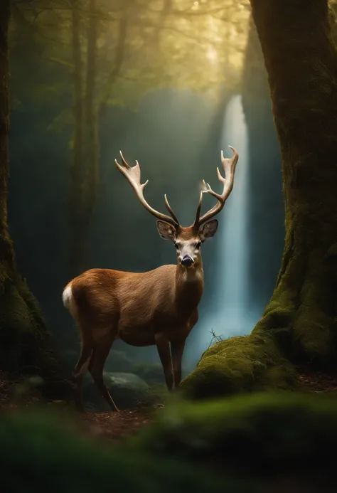 an enchanted forest，Magical creatures，glowing mushrooms，sparkling waterfalls，fantasy，Leonora Carrington，a fantasy forest，Hazy perspective，sunlight filtering through the trees，Glowing sika deer，