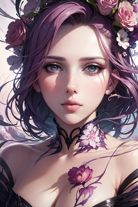 Scarlett Johansson in A botanical masterpiece in the style of Marco Mazzoni, detailed, hyper-realistic, front view, elemets of symbolism and surrealism, a painting by mse a attractive seductive Scarlett Johansson by agnes cecile, luminous design, pastel co...