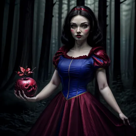 "(((masterpiece))), person as Snow White, wide hips, holding a red poison apple, forest, eerie atmosphere, dramatic lighting"