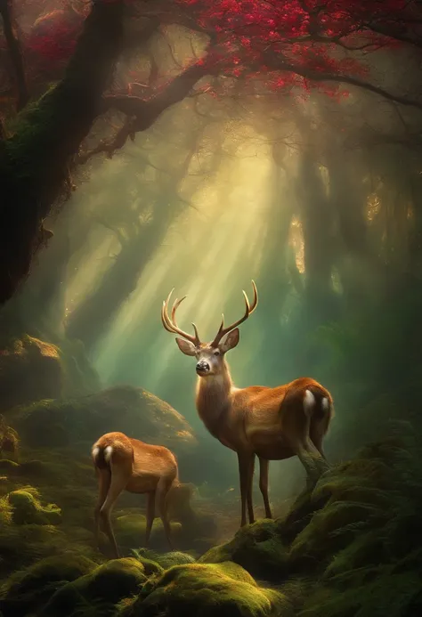 an enchanted forest，Magical creatures，glowing mushrooms，sparkling waterfalls，fantasy，Leonora Carrington，a fantasy forest，Hazy perspective，sunlight filtering through the trees，Glowing sika deer，