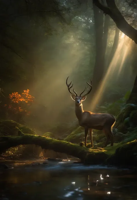 an enchanted forest，Magical creatures，glowing mushrooms，sparkling waterfalls，fantasy，Leonora Carrington，a fantasy forest，Hazy perspective，sunlight filtering through the trees，Glowing sika deer，