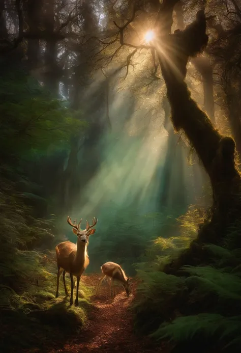 an enchanted forest，Magical creatures，glowing mushrooms，sparkling waterfalls，fantasy，Leonora Carrington，a fantasy forest，Hazy perspective，sunlight filtering through the trees，Glowing sika deer，