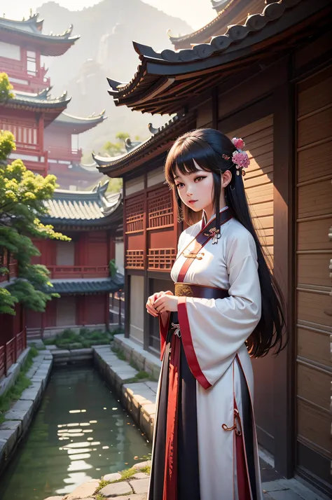 a beauty girl ,wear gorgeous hanfu, Chinese style buildings, landscape