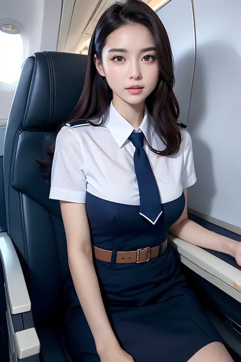 Top Quality, Masterpiece, 8K, Ultra High Definition, (Photorealistic: 1.4), 1 Girl, Beautiful Face, Symmetrical Eyes, Big, Perfect Body Proportions, Stewardess Uniform, Viewers Look, (Inside the Airplane: 1.2), Front View, Shoulder Jump, Absolute Area (1.3...