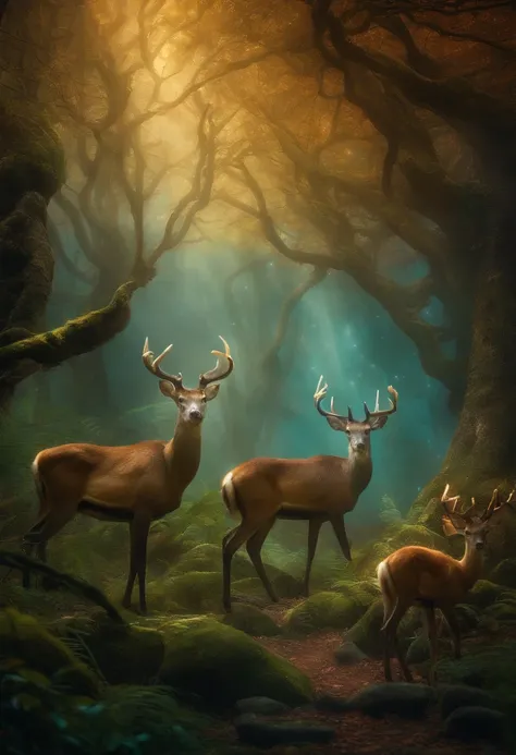 an enchanted forest，Magical creatures，glowing mushrooms，sparkling waterfalls，fantasy，Leonora Carrington，a fantasy forest，Hazy perspective，sunlight filtering through the trees，Glowing sika deer，