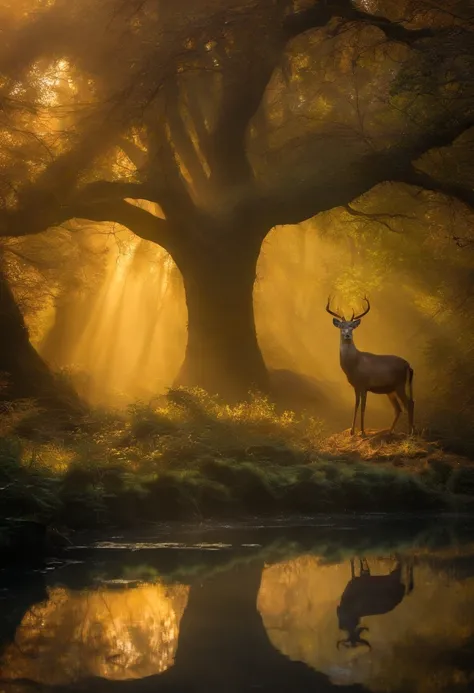 an enchanted forest，Magical creatures，glowing mushrooms，sparkling waterfalls，fantasy，Leonora Carrington，a fantasy forest，Hazy perspective，sunlight filtering through the trees，Glowing sika deer，