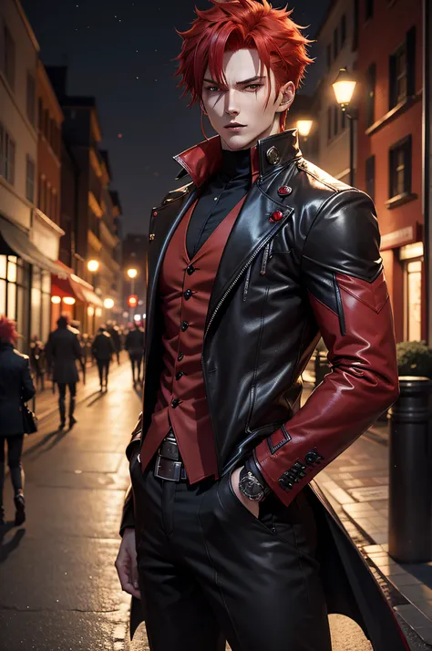 anime character with red hair and a black jacket, with red hair, anime handsome man, male anime character, 1boy, solo, suoh mikoto, k project, (((vampire))), insanity, malkavian, city in background, (night), smirk, cowboy shot, dynamic lighting