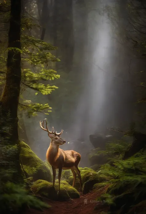 （Enchanted Forest 7，Magical creatures，（glowing mushrooms），sparkling waterfalls，fantasy，Leonora Carrington，a fantasy forest，Hazy perspective，sunlight filtering through the trees，（Glowing sika deer），Rich in color，distribution，light and shadow effect，k hd，tma...