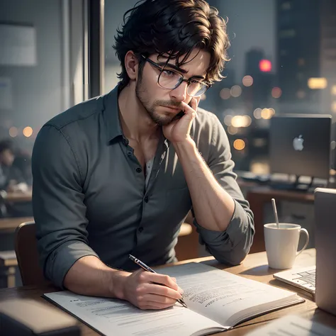 (extremely detailed high definition CG illustration, obra-prima de primeira linha),(oppressive office, dim lighting, Panoramic photo of a man sitting at a desk surrounded by stacks of files),(exausto e cansado, with short black hair and glasses, Resting Ha...