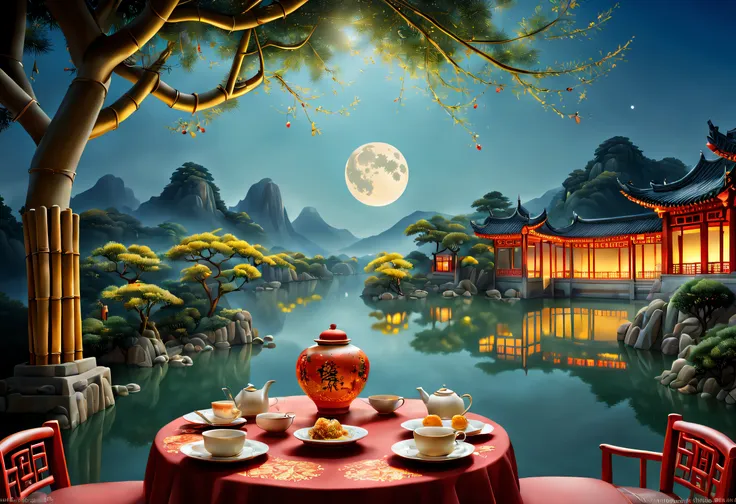 ((ancient chinese landscapes，in a panoramic view，faraway view))，mid-autumn festival，moon full，glowing moon，a garden overgrown wi...