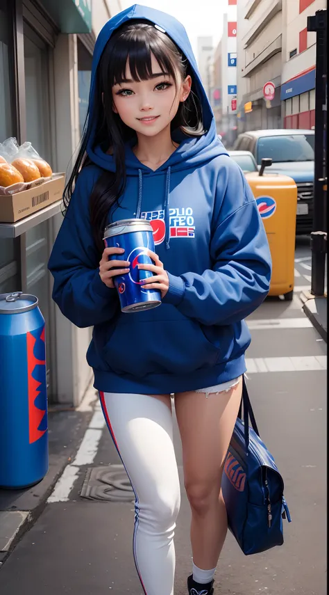 Alafe in blue hoodie with Pepsi can and drink, Wearing a blue hoodie, girl wearing hoodie, Blue Hoodie, wearing an oversized hoodie, wearing a neon blue hoodie, Wearing hoodie, oversized hoodie, Wearing a hoodie, japanese streetwear, Wearing a hoodie and s...