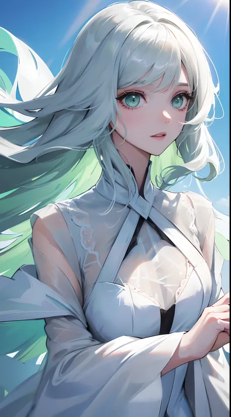 one-girl，Green eyes，cabelos preto e longos，White color blouse，black long dress，rays of sunshine，llight rays，Blue sky，Hyper-Resolution，accuracy，detail render，（Delicate facial portrayal）（Fine hair portrayal）（highest  quality）（Master masterpieces）（High degree...