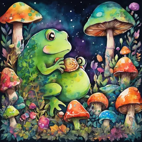 watercolor paiting, the witch, froggy, snail, Plot a prank, In the dark forest, Strange mushrooms,