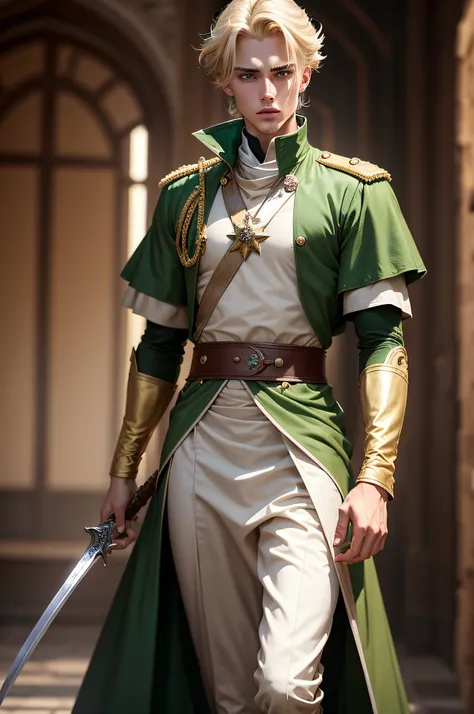 Neels Visser is a prince who has golden blond hair, wears a moss green medieval military outfit, looking straight ahead with a piercing emerald green gaze. full body with a sword at the waist