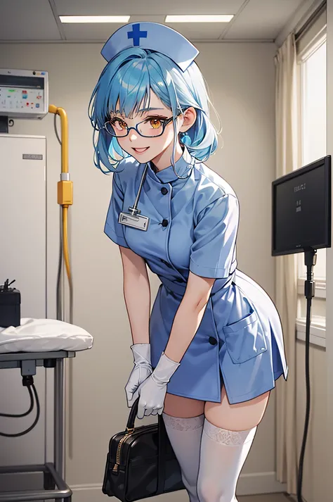 1girl, solo, nurse, nurse cap, white wear, ((white legwear, zettai ryouiki)), white gloves, glasses, blue hair, orange eyes, smile, standing, ((hospital room)), sharp outline, short sleeves, best quality, masterpiece