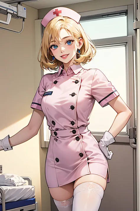 1woman, solo, nurse, nurse cap, white wear, ((white legwear, zettai ryouiki)), white gloves, blonde hair, blue eyes, pink lips, smile, standing, ((hospital room)), sharp outline, short sleeves, mature female, 35 years old, best quality, masterpiece