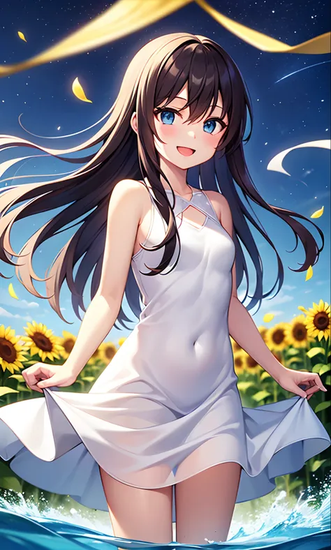 1girl, solo, dress, flower, smile, open mouth, wading, white dress, black hair, :d, water, sunflower, blue eyes, long hair, nigh...