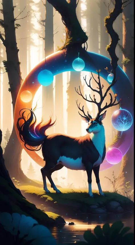 Fantasy forest, dreamy colors, circles, lights, many animals