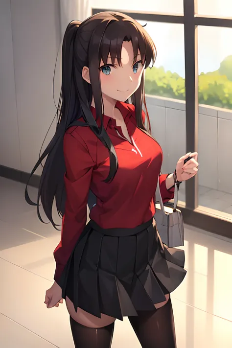 best quality, (masutepiece:1.2), highly detailed,indoors, tohsaka rin,1girl in, solo, standing, looking at the viewer, from the ...