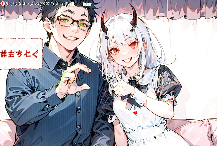 anime boy and girl,girl with silver white hair,red-horned girl,guy with green plaid long sleeves,girl giving thumbs up,boy making a half-heart hand gesture,illustration,ultra-detailed,highres,realistic,portraits,vivid colors,soft lighting