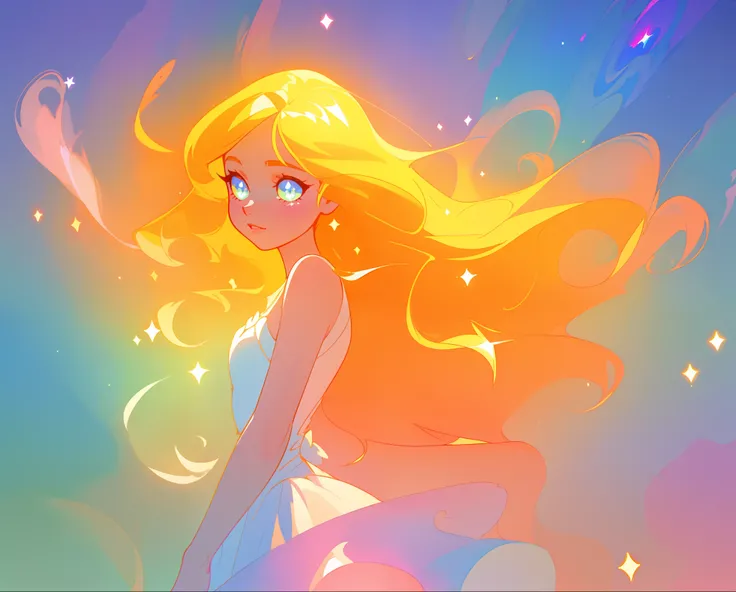 beautiful girl in white layered ballgown, vibrant pastel colors, (colorful), magical lights, golden long wavy hair, sparkling lines of light, inspired by Glen Keane, inspired by Lois van Baarle, disney art style, by Lois van Baarle, glowing aura around her...