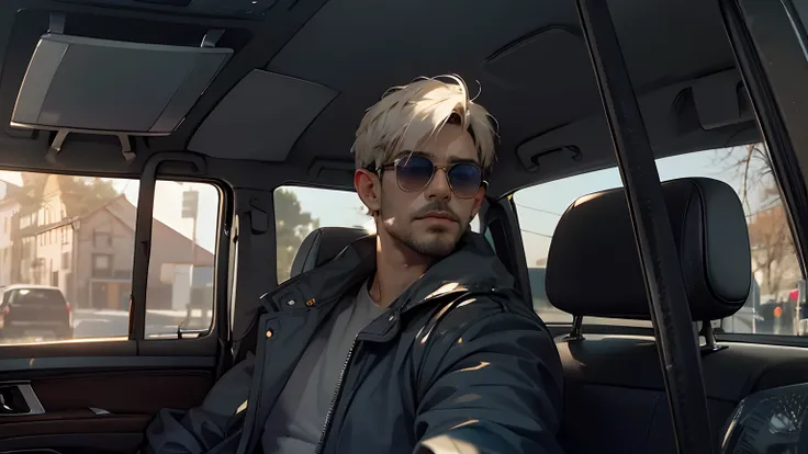 Handsome boy, fade short hair, in the car, sunglasses,8k ultra, beard, morning