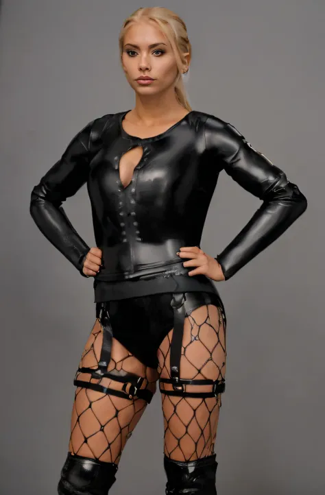 une femme, blonde avec une coupe en queue de cheval en tenue de cuir noir posant pour une photo, costume en cuir noir, leather clothing, body en cuir, skintight black clothes, hyper detailed, detailed body ,Ensemble complexe en latex, Tight-fitting leather...