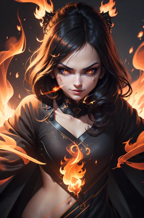 (extremely detailed CG unity 8k wallpaper),(masterpiece), (best quality), (ultra-detailed), (best illustration),(best shadow), (sharp eyeliner, eyeshadow, detailed eyes:1.1), (flames, smoke:1.3), ,BREAK, (vector:1.2), evil smile,