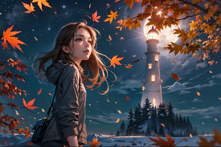 Girl standing near the lighthouse, heavy falling of the maple leafs, night view, moon lit effects, very extremely detailed, 24K UHD graphics