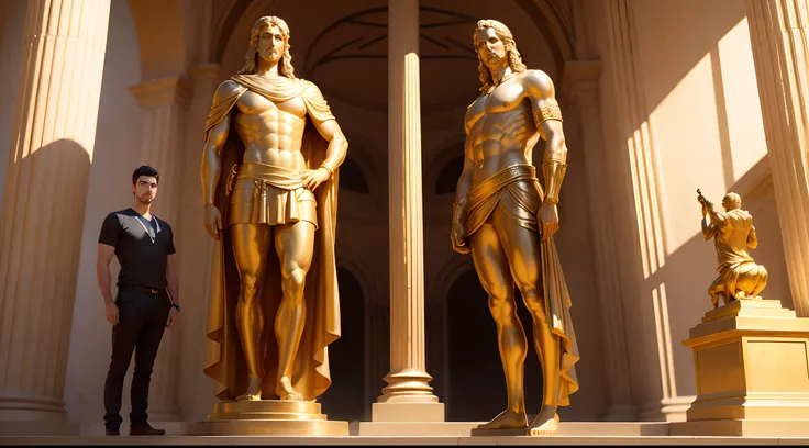 Three young Hebrew men standing in front of the colossal golden statue