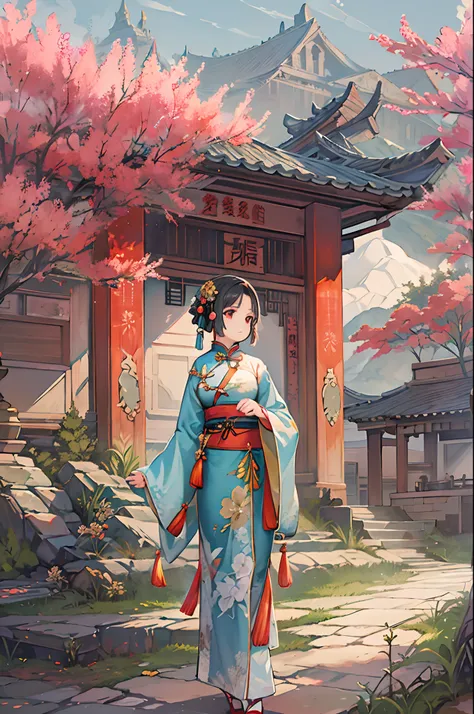 a beauty girl ,Wear gorgeous han clothes, Chinese-style building, landscape