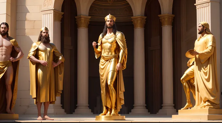 Three young Hebrews standing in front of the colossal golden statue of Nebuchadnezzar in period clothes