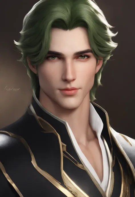 (master part, melhor qualidade), obra prima, 8K分辨率, DBfantasyart style, anime style, retrato de um jovem homem, 20 anos, cabelo branco em formato de rabo de cavalo, olhos verdes brilhantes, close-up, roupas pretas, fundo branco, fundo simples