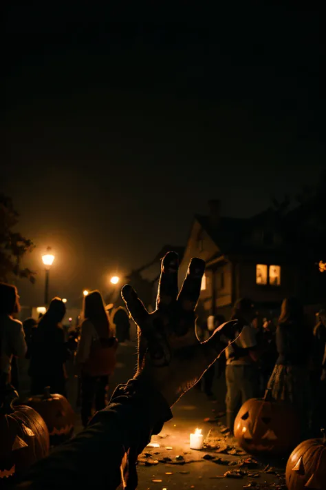 Photo zombie hands rising in dark halloween night.