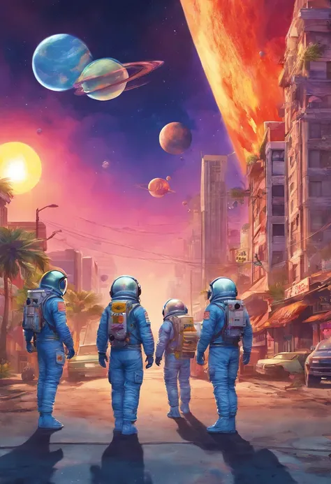 Watercolor image of astronauts standing in miniature town, He walked down a street in the center of town, The background sky is Earth and smaller planets, With a sci-fi theme, In the style of Vicente Romero