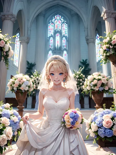 absurderes, (独奏:1.5,)ultra-detailliert,bright colour, extremely beautiful detailed anime face and eyes, view straight on, ;D, shiny_skin,25 years old, Short hair,, asymmetrical bangs, Blonde hair with short twin tails, Shiny hair, Delicate beautiful face, ...